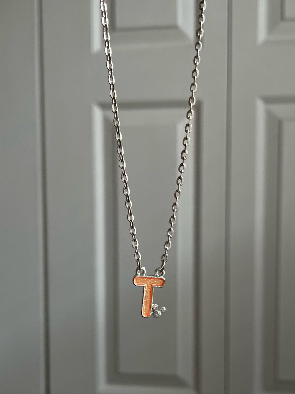 Coral Initial 'T' Silver Necklace with Disney Mickey Ears